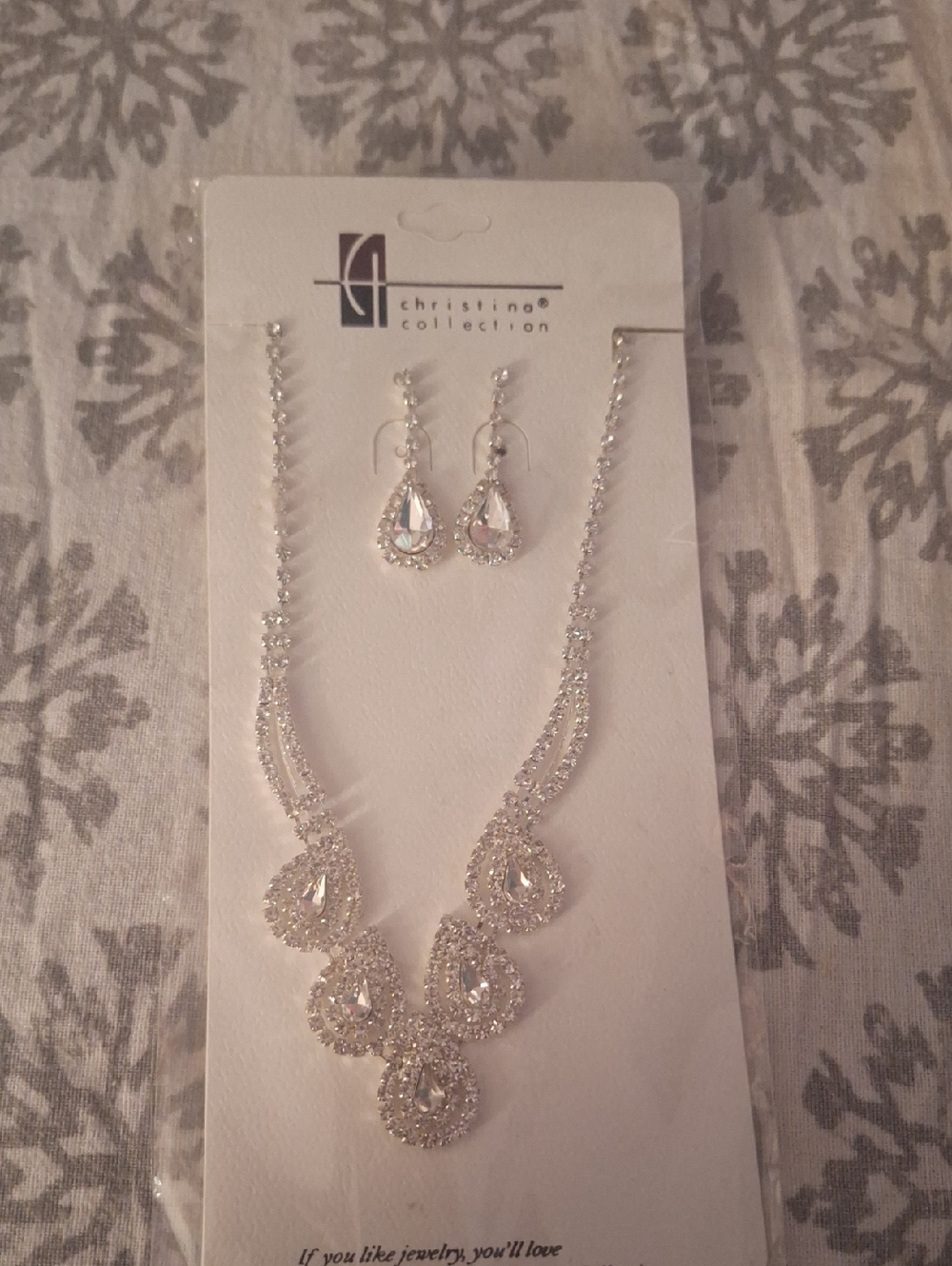 Silver Teardrop Crystal Necklace and Earrings Set